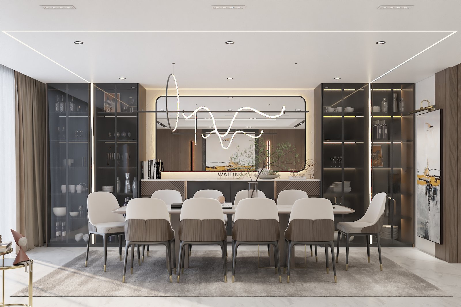 Image 3 (Dining Area – Full Table View with Elegant Lighting Fixture)