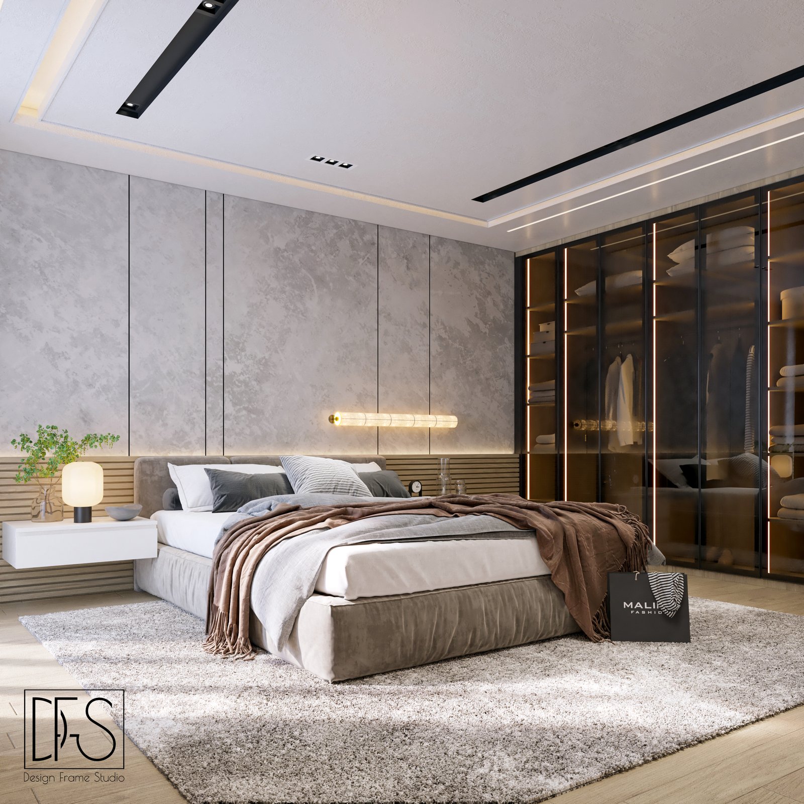 Contemporary master bedroom with a glass-enclosed walk-in wardrobe and soft interior lighting – DFS custom design.