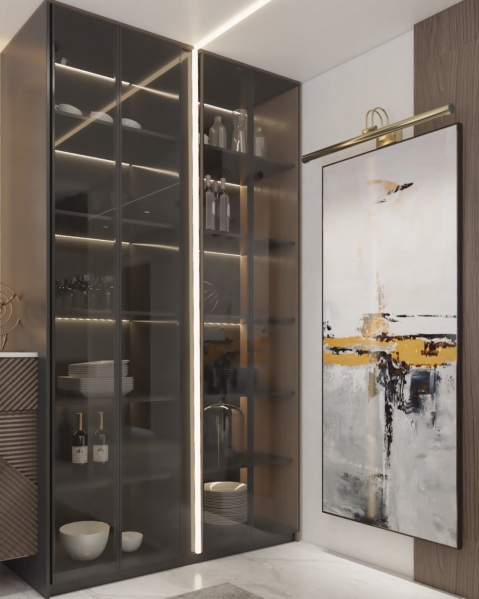 Image 4 (Glass Cabinet with Accent Lighting & Artistic Decor)